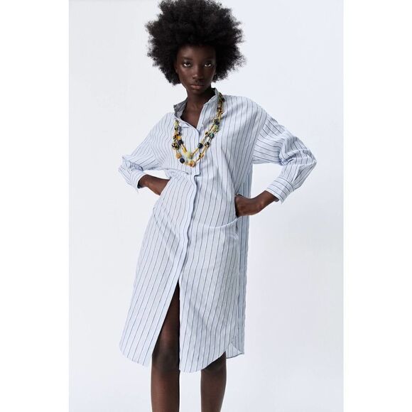 Zara Linen Blend Shirt Dress New Striped - Picture 11 of 11